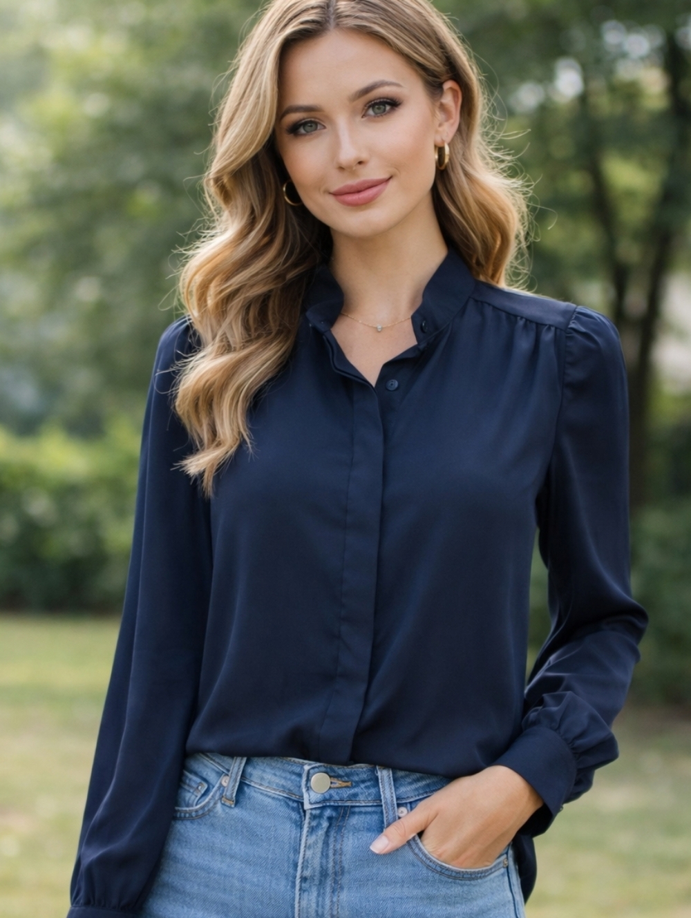 NWT, Cece Navy Long Sleeve Blouse Size S